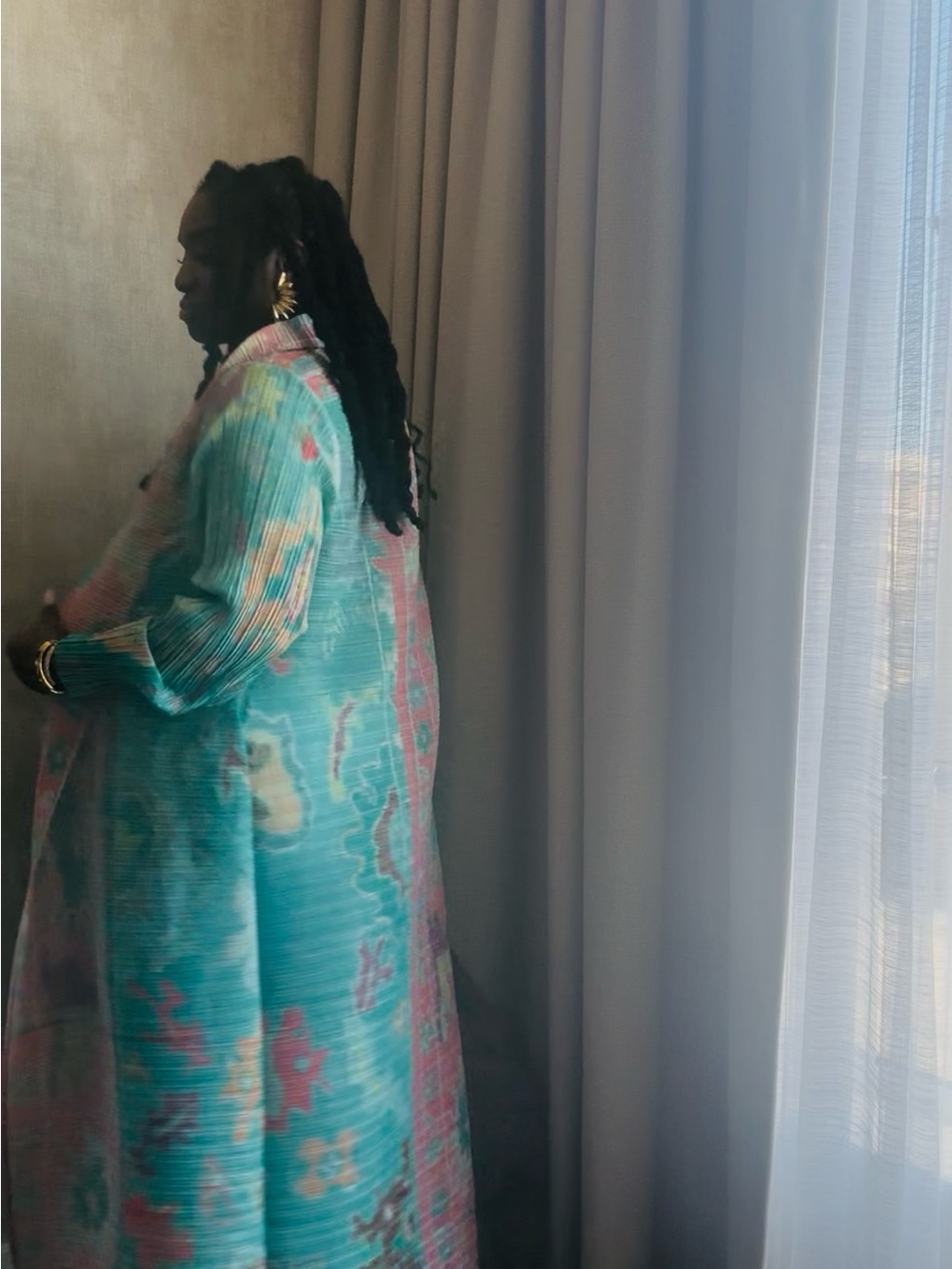 Long Pastel Duster Coat in Mint & Peach - Picture 6 of 11